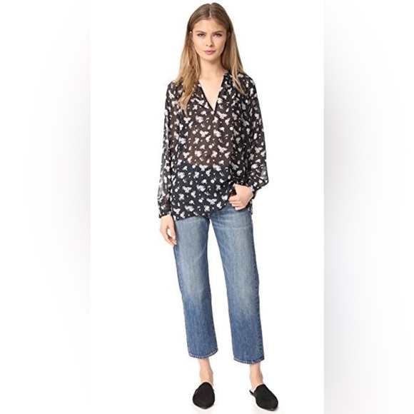 Vince Calico Floral Print Silk Blouse In Coastal Blue - Picture 11 of 16